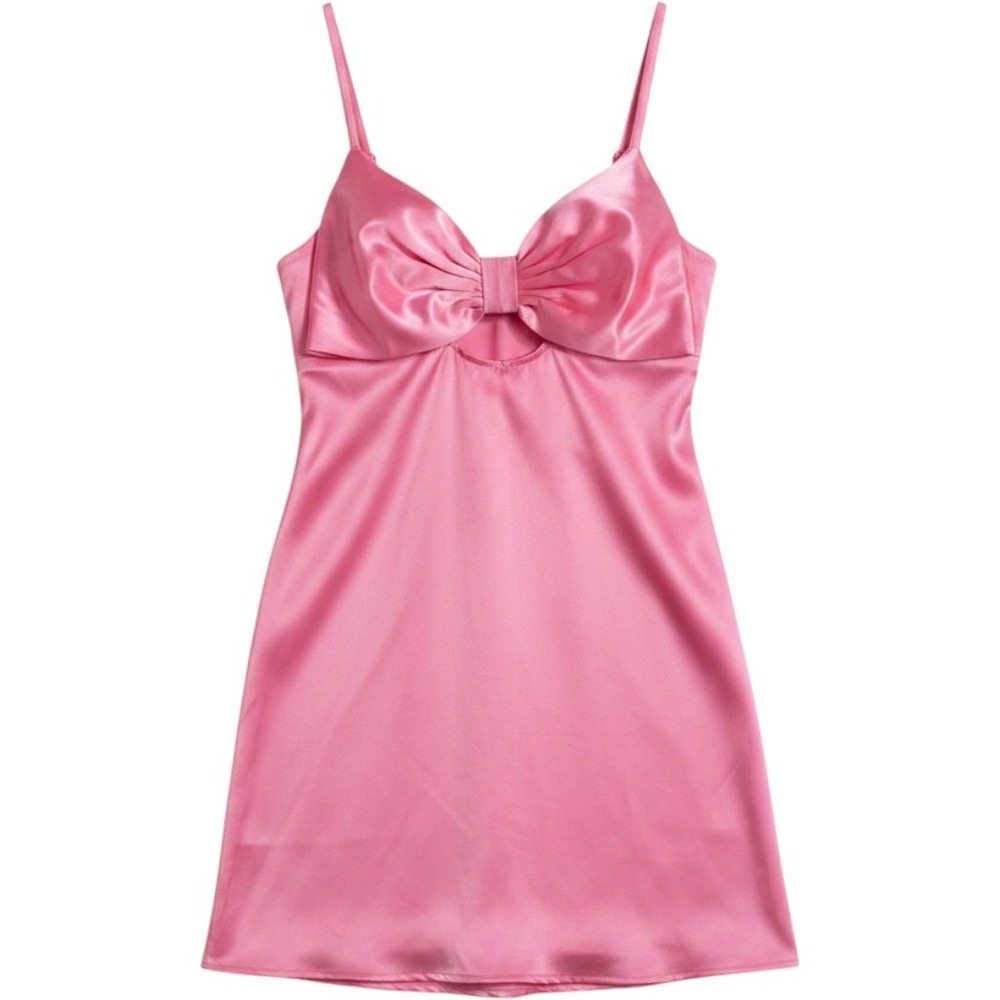 Adore Me Pink Satin Slip Dress Medium Bow Front Cutout Mini Sleepwear Barbie Fem